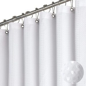White Fabric Shower Curtain， Waffle Weave Heavy Duty Hotel Luxury Cloth Shower Curtains for Bathroom, 72 Inch 256GSM Weighted Bath Curtain Set with 12 Plastic Hooks,72x72