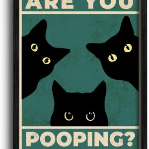 Heiple Framed Bathroom Wall Art Black Cat Are You Pooping Funny Bathroom Wall Decor Hanging Sign for Vintage Home Farmhouse Bathroom Decor (Black, 11"x14")