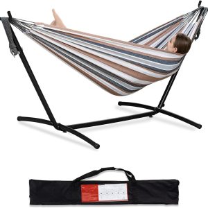 PNAEUT Double Hammock with Space Saving Steel Stand Included 2 Person Heavy Duty Outside Garden Yard Outdoor 450lb Capacity 2 People Standing Hammocks and Portable Carrying Bag (Coffee)