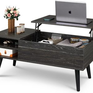 WLIVE Wood Lift Top Coffee Table with Hidden Compartment and Adjustable Storage Shelf, Lift Tabletop Dining Table for Home Living Room, Office, Charcoal Black